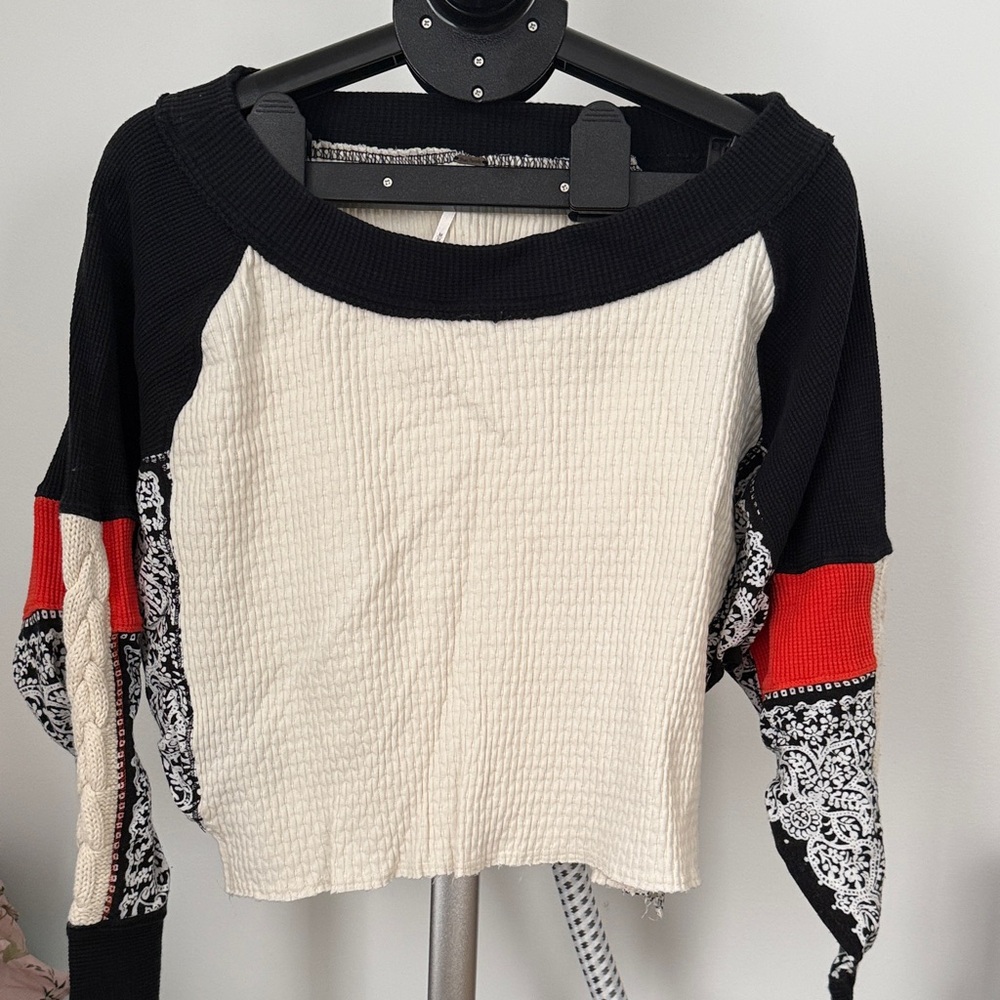 Free People Black and Cream Long Sleeve Top